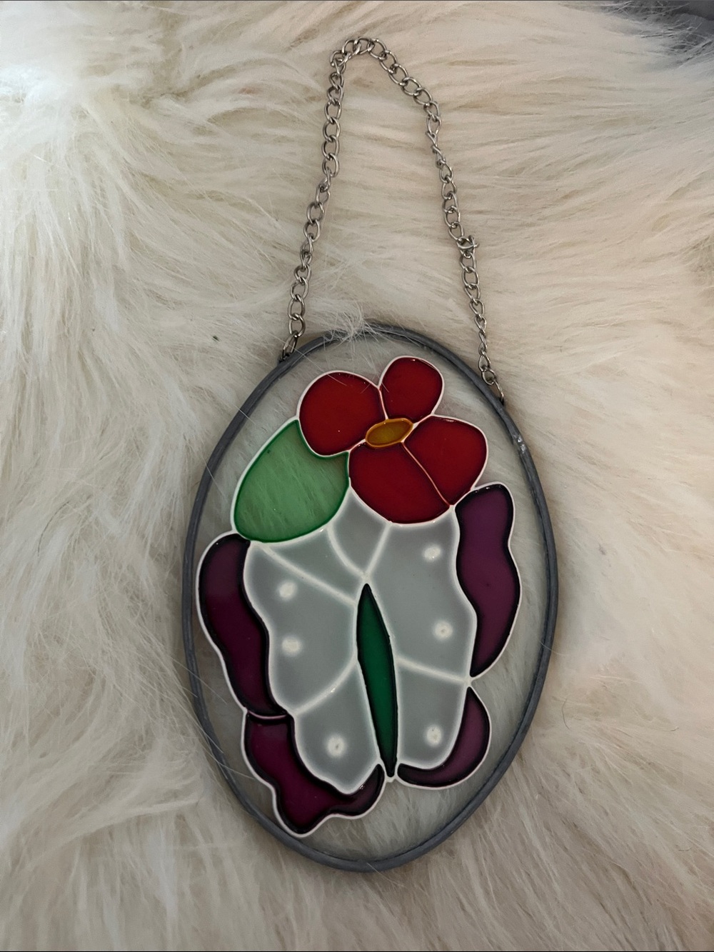 Handmade Stained Glass Floral Wall Hanging - Red, Green, Purple